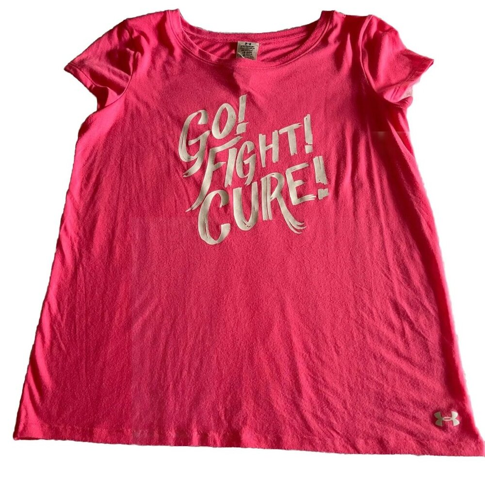 Under Armour Breast Cancer Go Fight Cure T-Shirt Womens Size M Pink Heat Gear